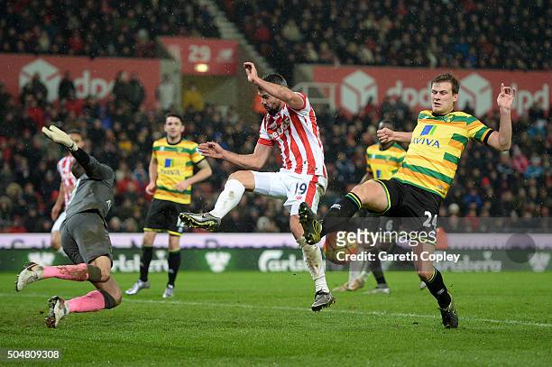 Ryan Bennett and Declan Rudd of Norwich City battle for the ball with Jonathan Walters of Stoke City during the Barclays Premier League match between...