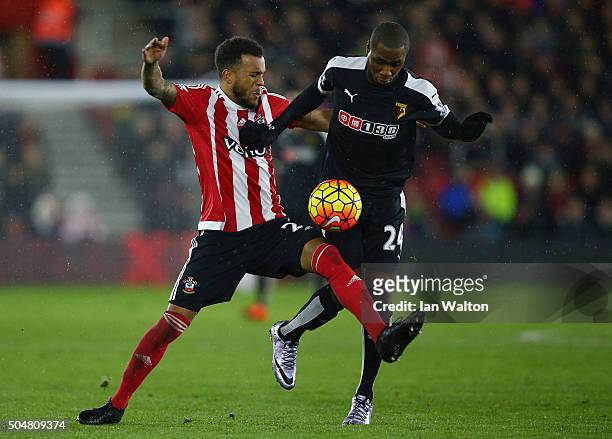 Odion Ighalo of Watford and Ryan Bertrand of Southampton compete for the ball during the Barclays Premier League match between Southampton and...