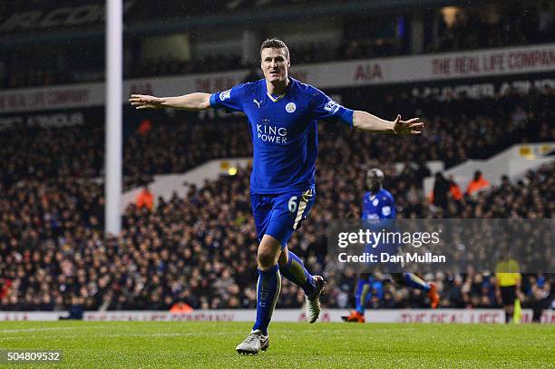 Robert Huth of Leicester City celebrates scoring his team's first goal during the Barclays Premier League match between Tottenham Hotspur and...