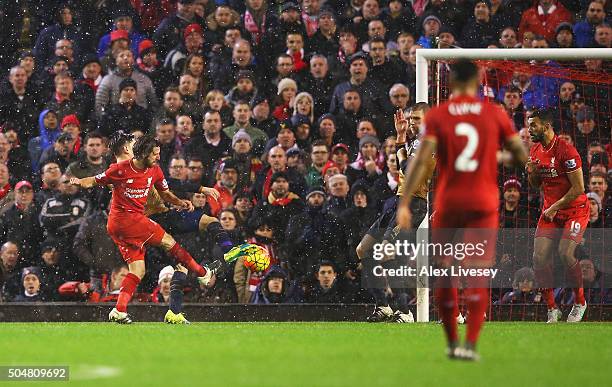 Joe Allen of Liverpool scores his team's third goal during the Barclays Premier League match between Liverpool and Arsenal at Anfield on January 13,...