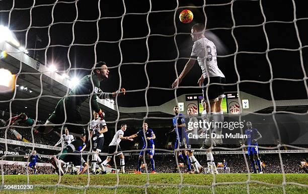 Ben Davies of Tottenham Hotspur fails to block the header by Robert Huth of Leicester City to allow Leicester's first goal during the Barclays...