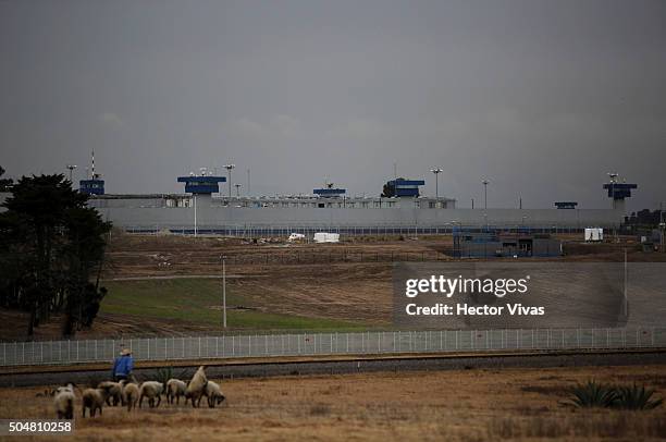 Farmer with his sheeps outside the prison during a walk in the vicinity of the Mexican maximum security prison 'El Altiplano' on January 13, 2015 in...