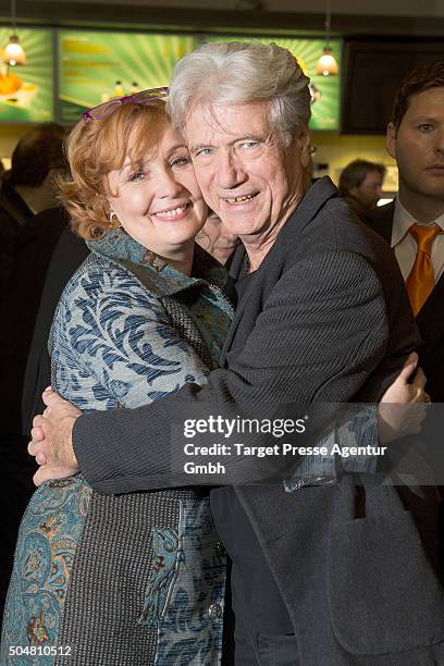 Juergen Prochnow and his partner Verena Wengler attend the Berlin premiere for the film 'Die dunkle Seite des Mondes' at Kino in der Kulturbrauerei...