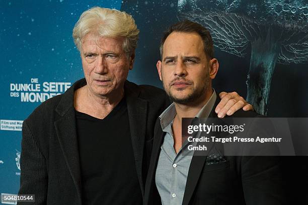 Juergen Prochnow and Moritz Bleibtreu attend the Berlin premiere for the film 'Die dunkle Seite des Mondes' at Kino in der Kulturbrauerei on January...