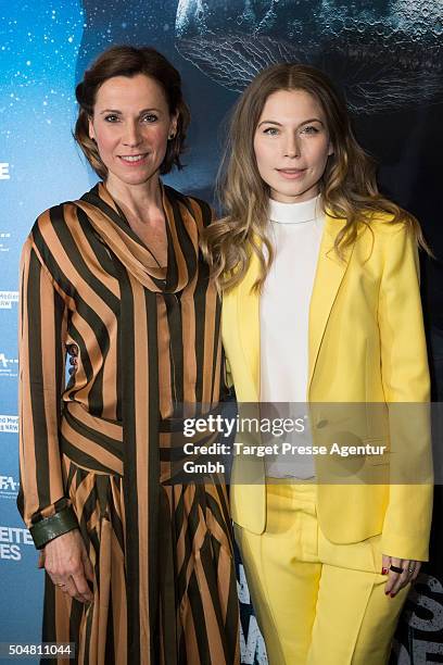 Doris Schretzmayer and Nora von Waldstaetten attend the Berlin premiere for the film 'Die dunkle Seite des Mondes' at Kino in der Kulturbrauerei on...