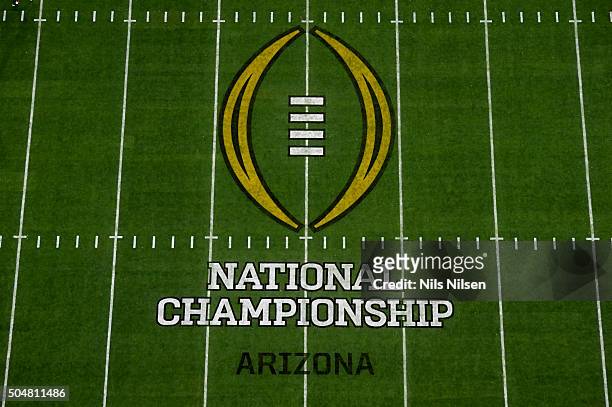 Playoff National Championship: Aerial view of CFP national championship game logo on field before Alabama vs Clemson game at University of Phoenix...