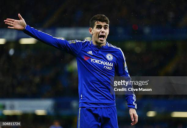 Oscar of Chelsea reacts during the Barclays Premier League match between Chelsea and West Bromwich Albion at Stamford Bridge on January 13, 2016 in...