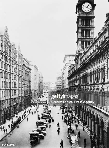 View down Martin Place in the central business district of Sydney, Australia, December 1923. On the right is the General Post Office building.
