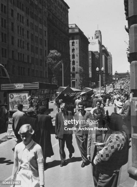 Pedestrians on Martin Place in the central business district of Sydney, Australia, circa 1955.