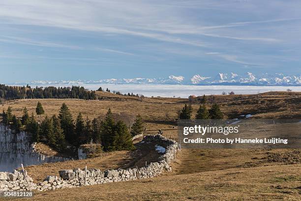 creux du van with view to the alps, neuchâtel, switzerland - creux du van stock-fotos und bilder