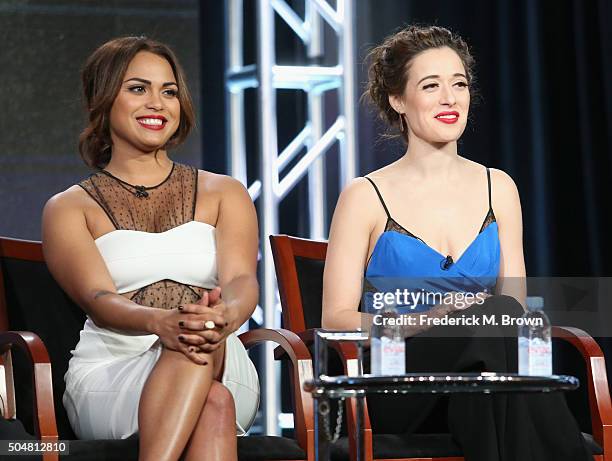 Actresses Monica Raymund, of 'Chicago Fire' and Marina Squerciati, of 'Chicago P.D.', speak onstage during the 'Chicago Fire', 'Chicago P.D.' and...