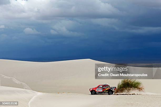 Giniel De Villiers of South Africa and Dirk Von Zitzewitz of Germany in the TOYOTA HILUX for TOYOTA GAZOO RACING compete on day 11 stage ten between...