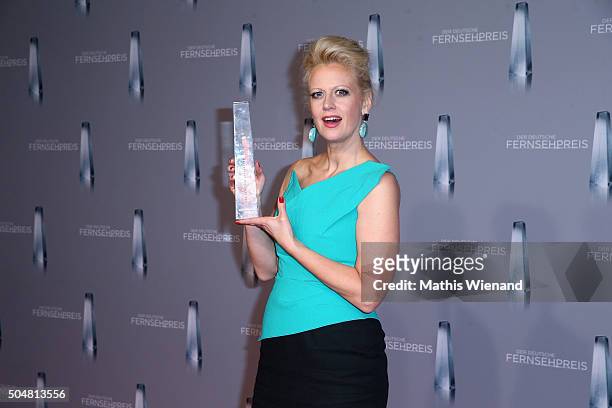 Barbara Schoeneberger presents her award during the German Television Award at Rheinterrasse on January 13, 2016 in Duesseldorf, Germany.