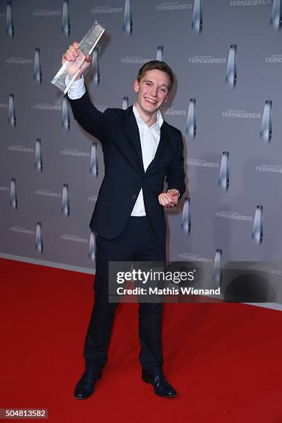 Jonas Nay presents his award during the German Television Award at Rheinterrasse on January 13, 2016 in Duesseldorf, Germany.