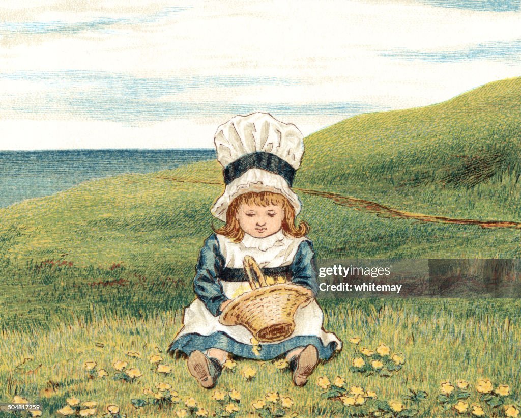 Little Victorian girl picking wild flowers