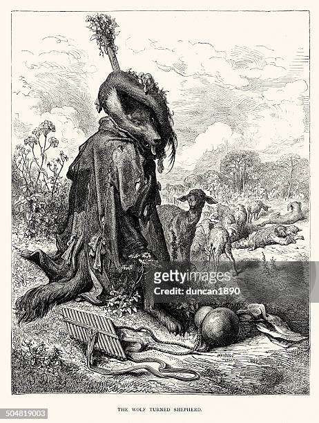 la fontaine's fables - the wolf turned shepherd - herder stock illustrations