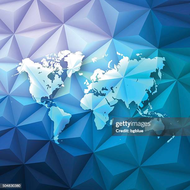 world map on abstract polygonal background - low poly, geometric - 3d folded map stock illustrations