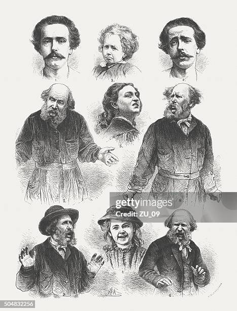 ilustraciones, imágenes clip art, dibujos animados e iconos de stock de emociones humanas (después de charles darwin), grabado en madera, publicado en 1873 - sneering