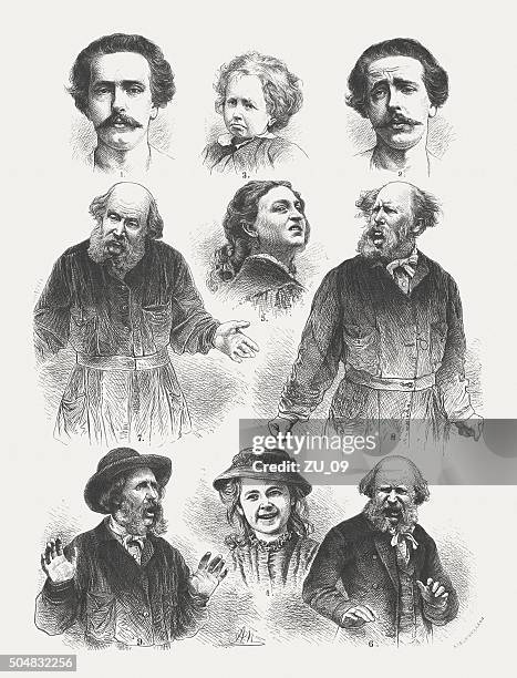 human emotions (according by charles darwin), wood engraving, published 1873 - puckering stock illustrations