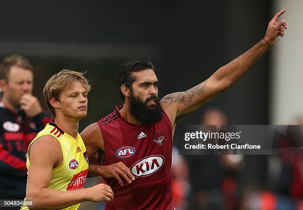 Courtenay Dempsey of the Bombers gestures during an Essendon Bombers AFL training session at True Value Solar Centre on January 14, 2016 in...