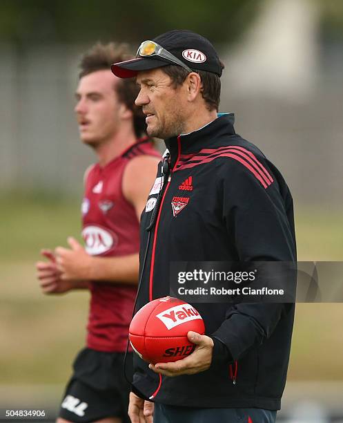 Bombers assistanr coach Mark Harvey looks on during an Essendon Bombers AFL training session at True Value Solar Centre on January 14, 2016 in...