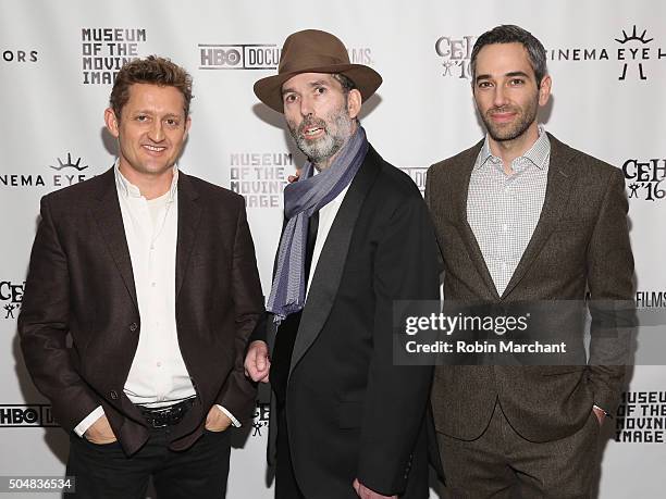 Alex Winter, Marc Schiller and Glenn Zipper attend Cinema Eye Honors at Museum of Moving Image on January 13, 2016 in New York City.