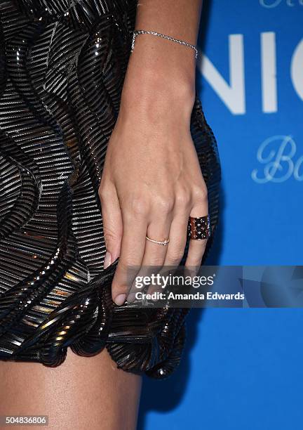 Model Miranda Kerr, jewelry detail, arrives at the 6th Biennial UNICEF Ball at the Beverly Wilshire Four Seasons Hotel on January 12, 2016 in Beverly...