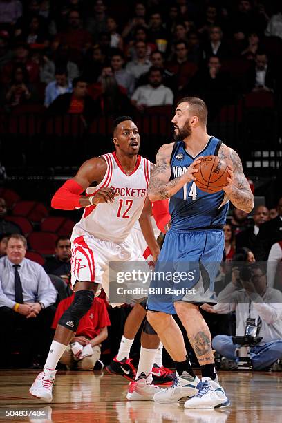 Nikola Pekovic of the Minnesota Timberwolves handles the ball against the Houston Rockets on JANUARY 13, 2016 at the Toyota Center in Houston, Texas....