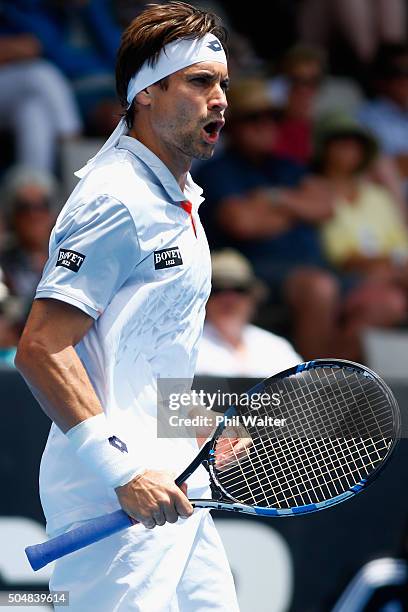 David Ferrer of Spain celebrates a point in his singles match against Lukas Rosol of the Czech Republic during the 2016 ASB Classic at the ASB Tennis...