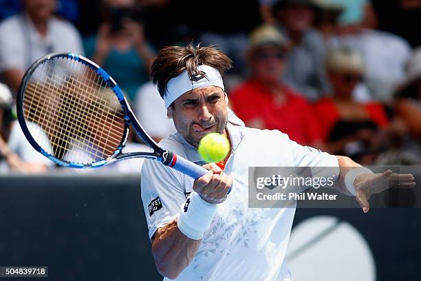 David Ferrer of Spain plays a forehand in his singles match against Lukas Rosol of the Czech Republic during the 2016 ASB Classic at the ASB Tennis...