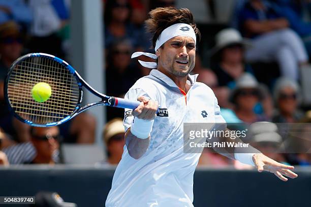 David Ferrer of Spain plays a forehand in his singles match against Lukas Rosol of the Czech Republic during the 2016 ASB Classic at the ASB Tennis...