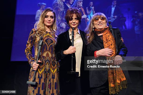 Carolina Crescentini, Laura Morante and Piera Degli Esposti recive the Afrodite Award during the 14th Afrodite Award dinner gala at Studios on...
