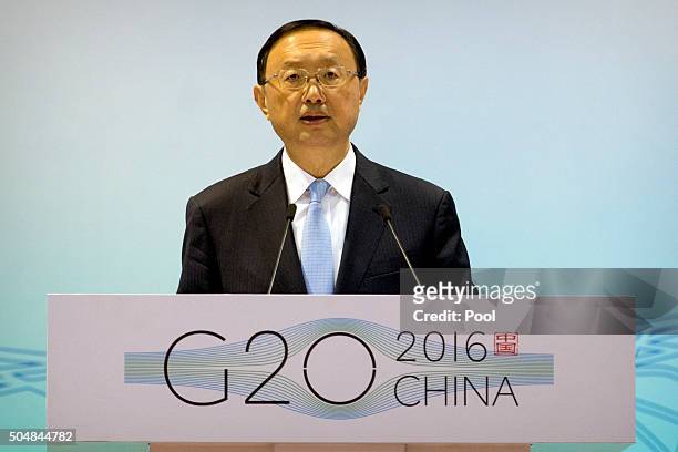 Chinese State Councilor Yang Jiechi speaks at the 2016 First G-20 Sherpa Meeting on January 14, 2016 in Beijing, China. The 2016 G-20 summit will be...