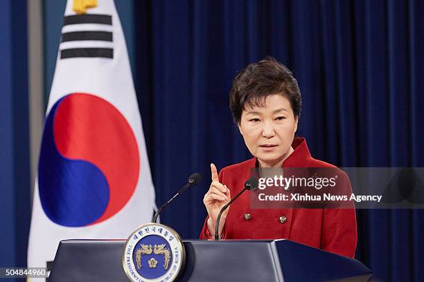 Jan. 13, 2016-- South Korean President Park Geun-hye addresses to the nation at the Presidential Blue House in Seoul, South Korea, Jan. 13, 2016....