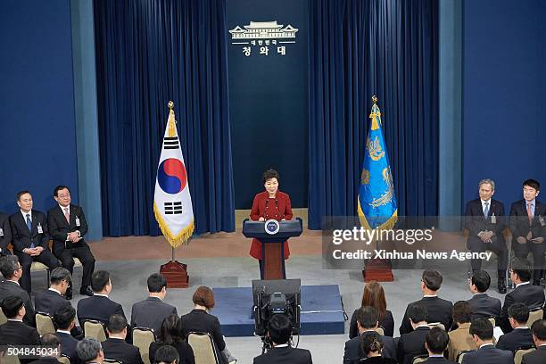 Jan. 13, 2016 -- South Korean President Park Geun-hye, center, addresses to the nation at the Presidential Blue House in Seoul, South Korea, Jan. 13,...