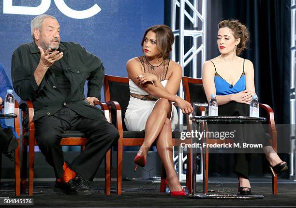 Executive producer Dick Wolf and actors Monica Raymund, of 'Chicago Fire' and Marina Squerciati, of 'Chicago P.D.', speak onstage during the 'Chicago...