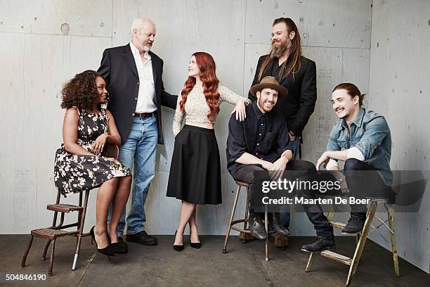 Christina Jackson, David Morse, Gillian Alexy, Thomas Wright, Ryan Hurst and Kyle Gallner of WGN America's 'Outsiders' poses in the Getty Images...