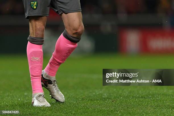 Pink socks worn by goalkeeper John Ruddy of Norwich City in his away kit during the Barclays Premier League match between Stoke City and Norwich City...