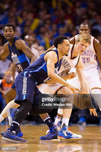 John Kenkins of the Dallas Mavericks dribbles against Kyle Singler of the Oklahoma City Thunder at Chesapeake Energy Arena on January 13, 2016 in...