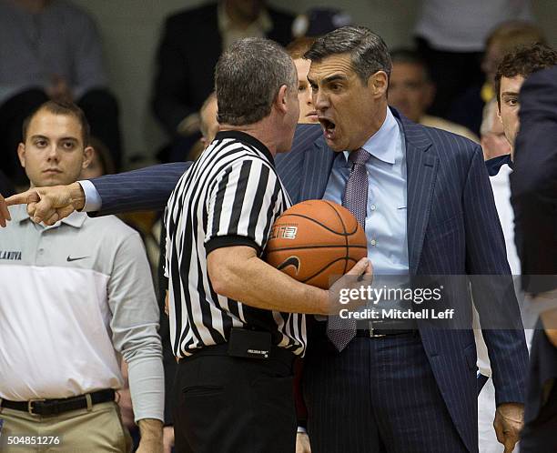 Head coach Jay Wright of the Villanova Wildcats argues with a referee during a timeout in the game against the Marquette Golden Eagles on January 13,...