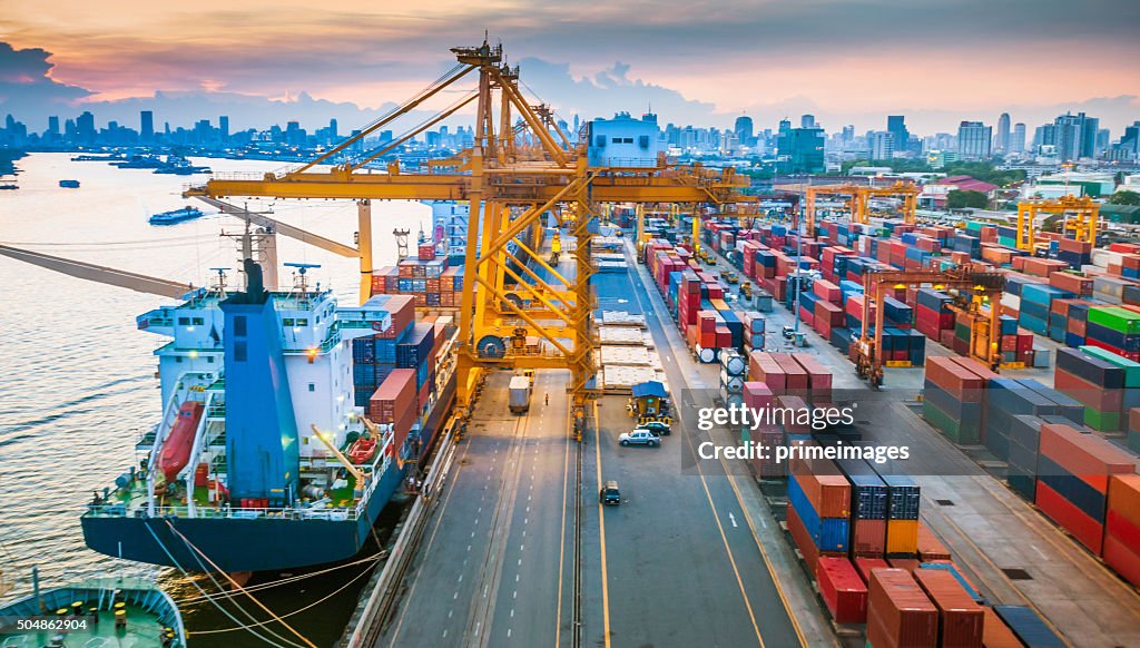 Container ship in the harbor in Asia ,