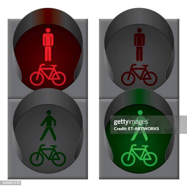 green bicycle and pedestrian traffic lights. vector - traffic light intersection stock illustrations