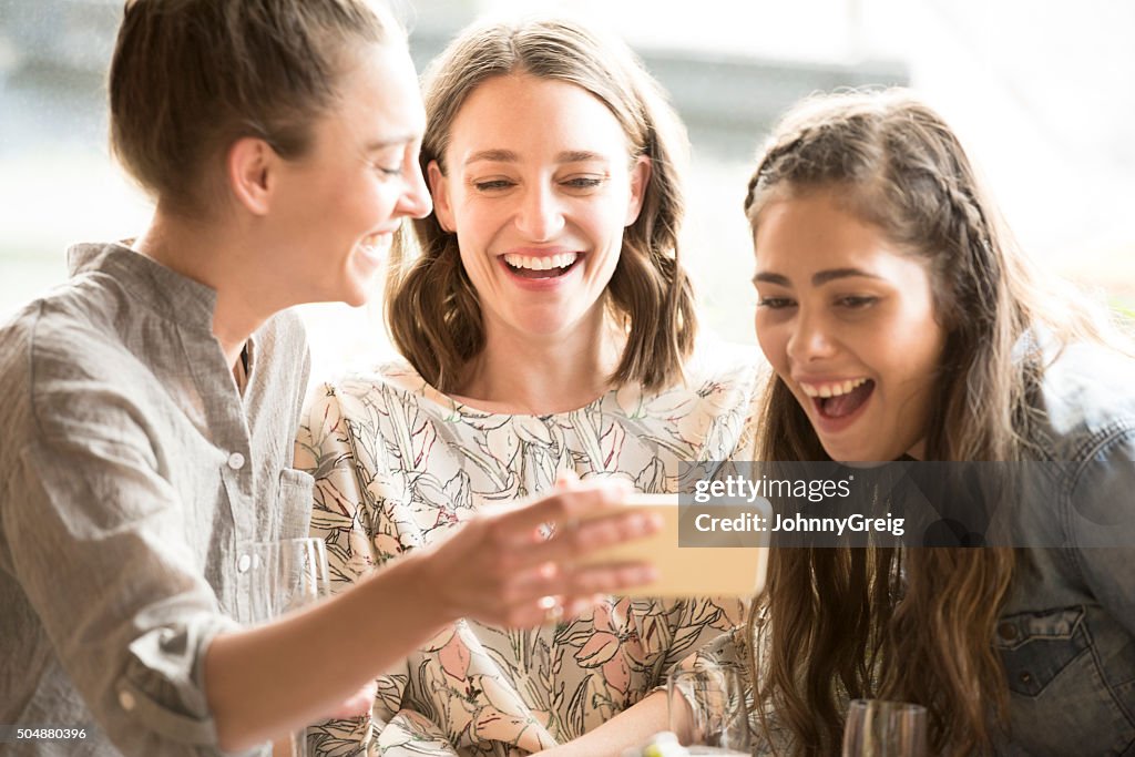 Junge Frau mit zwei Freundinnen Handy