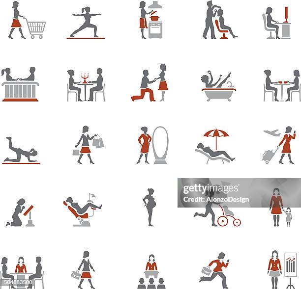 woman life icons - couple making dinner stock illustrations