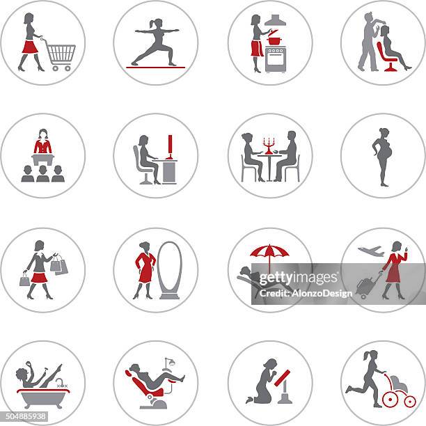 woman life icons - couple making dinner stock illustrations