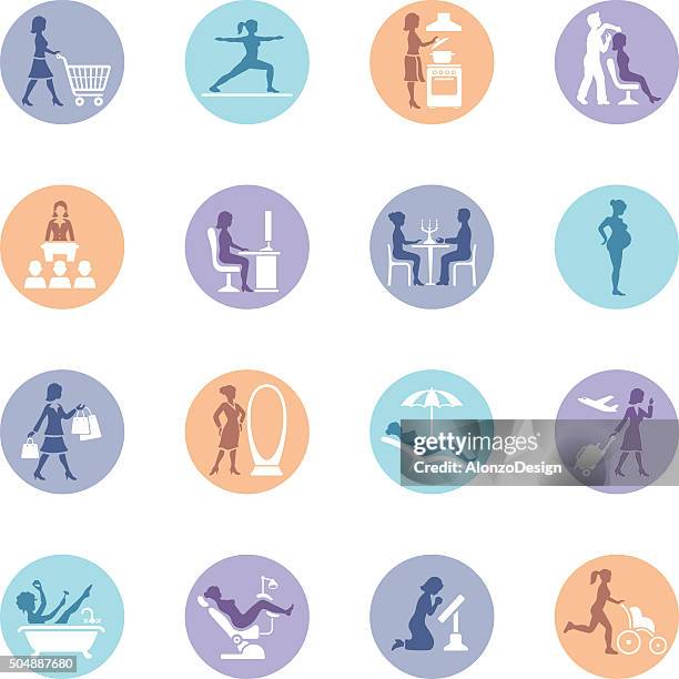 woman life icons - couple making dinner stock illustrations