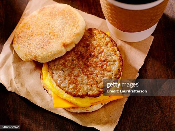 sausage and egg breakfast sandwich - breakfast to go stock pictures, royalty-free photos & images