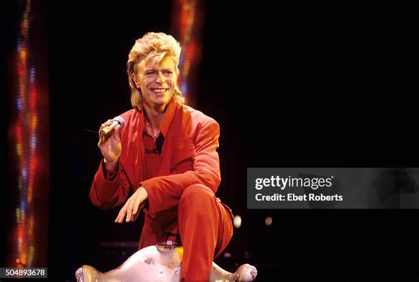 David Bowie performing at Giant Stadium at the Meadowlands in East Rutherford, New Jersey on August 3, 1987.