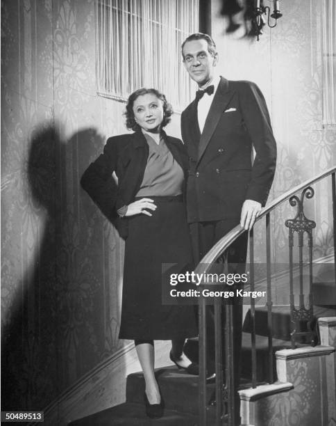 Actress Katherine Cornell and Raymond Massey, acting in the New York production Lovers and Friends.