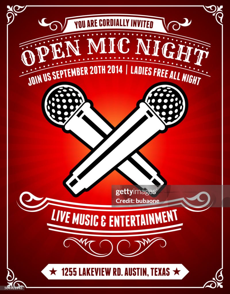 Open Mic Nacht auf roten Poster Hintergrund